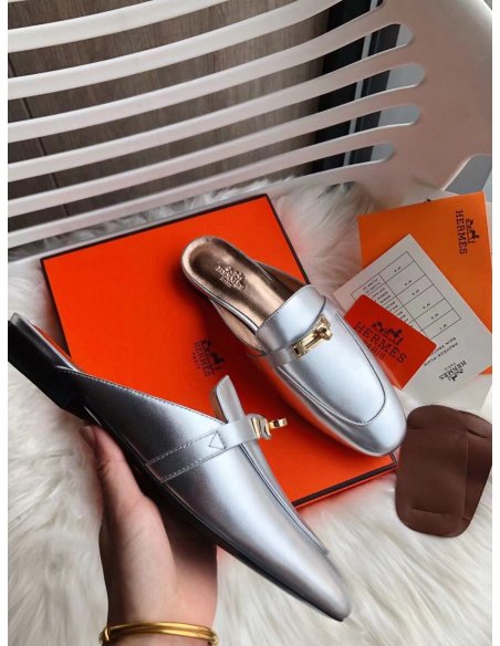 Cheap Reps Hermes Oz Mules In Silver Metallic Calfskin