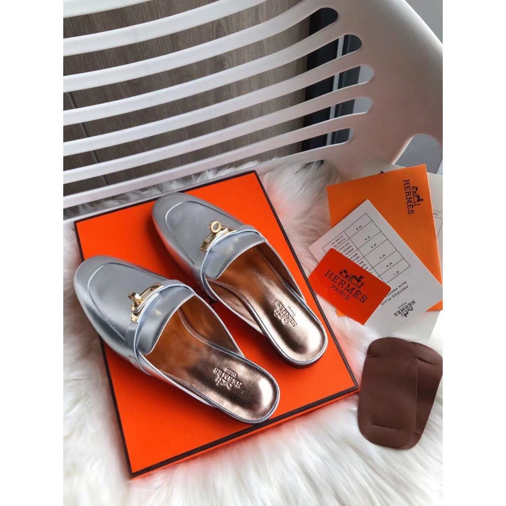 Cheap Reps Hermes Oz Mules In Silver Metallic Calfskin