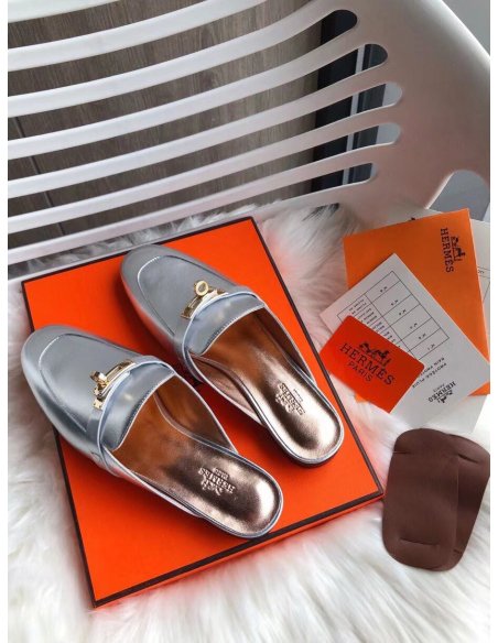 Cheap Reps Hermes Oz Mules In Silver Metallic Calfskin