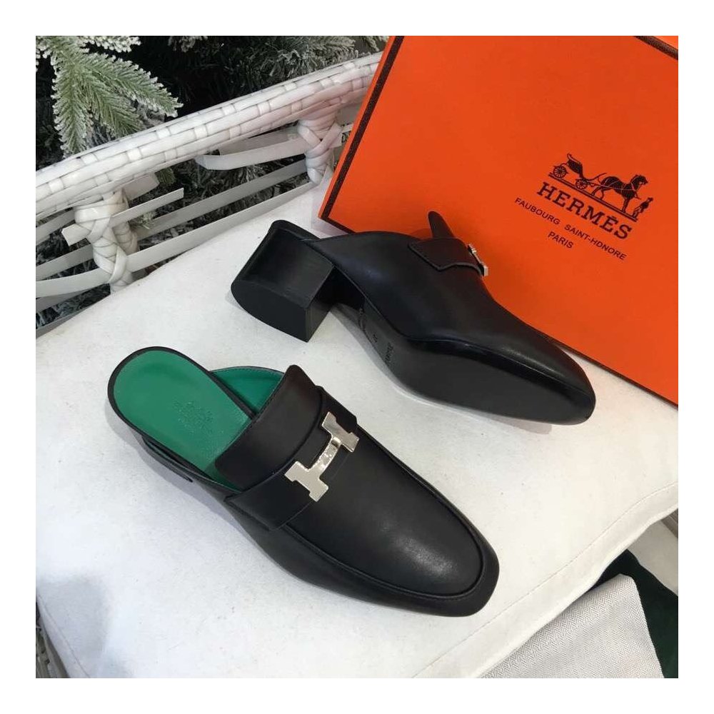 Cheap Reps Hermes Paradis Mules In Black Calfskin
