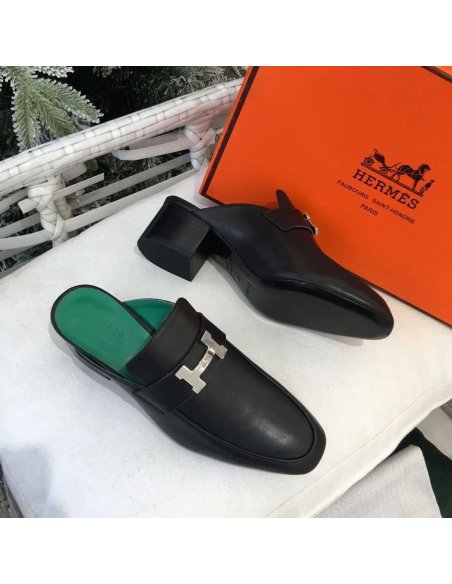 Cheap Reps Hermes Paradis Mules In Black Calfskin