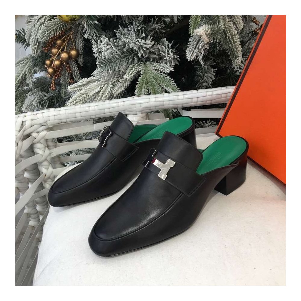 Cheap Reps Hermes Paradis Mules In Black Calfskin