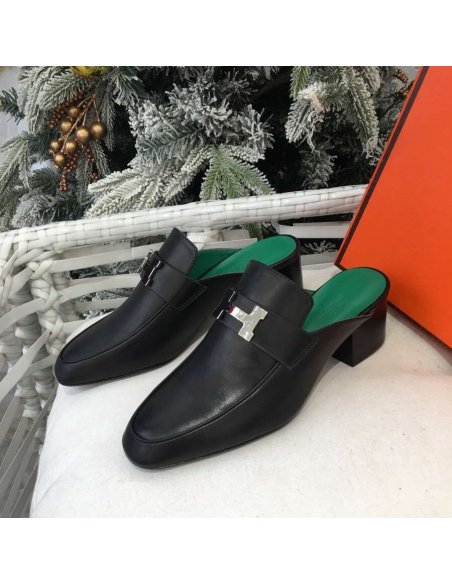 Cheap Reps Hermes Paradis Mules In Black Calfskin