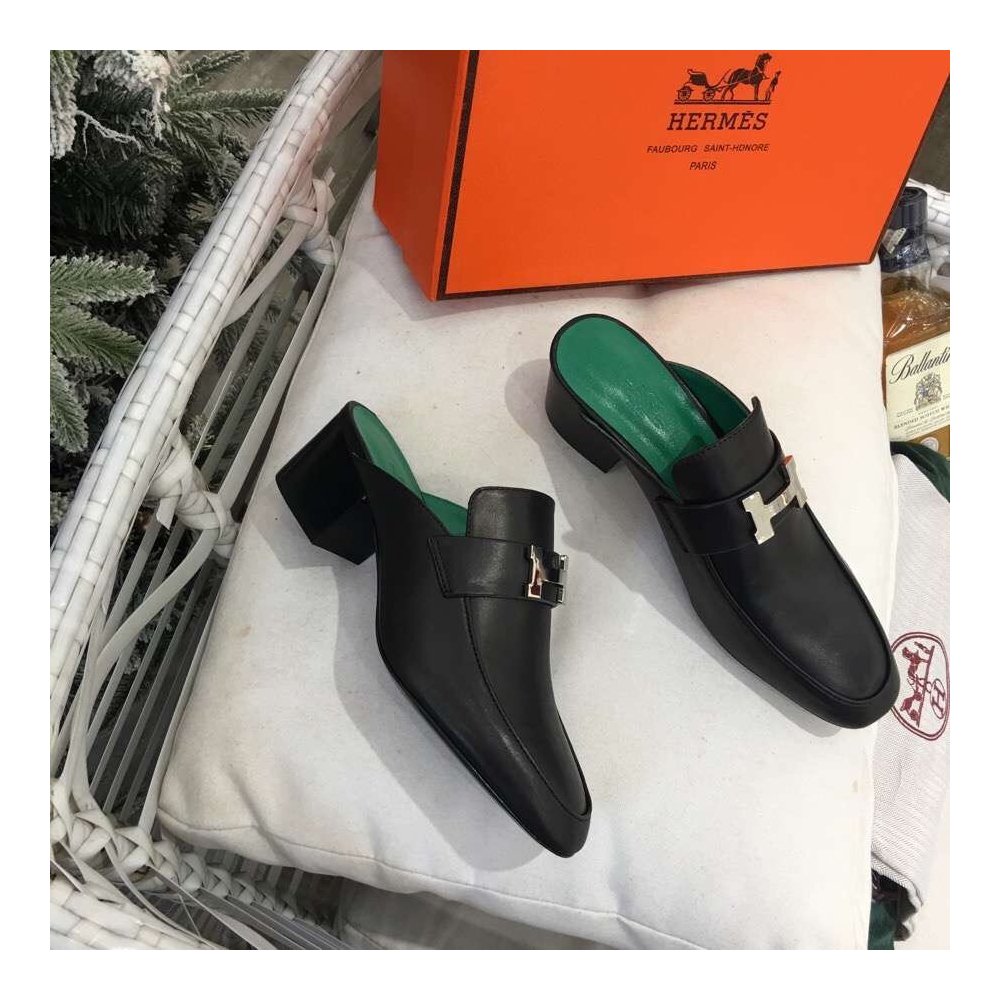 Cheap Reps Hermes Paradis Mules In Black Calfskin