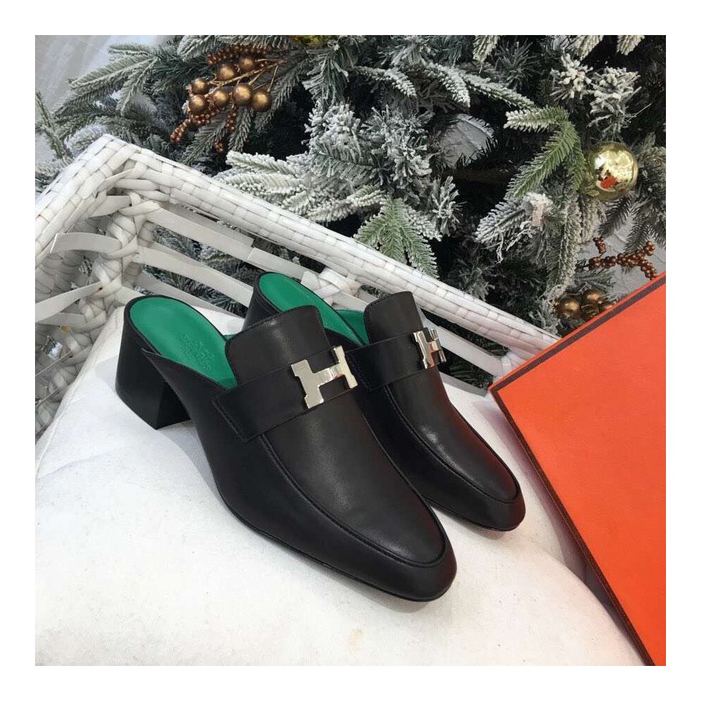 Cheap Reps Hermes Paradis Mules In Black Calfskin