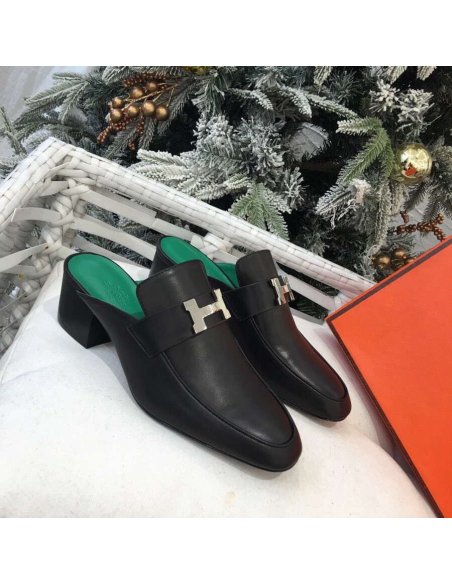 Cheap Reps Hermes Paradis Mules In Black Calfskin