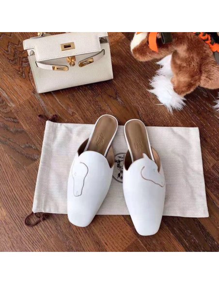Cheap Reps Hermes Tangeria Mules In White Calfskin