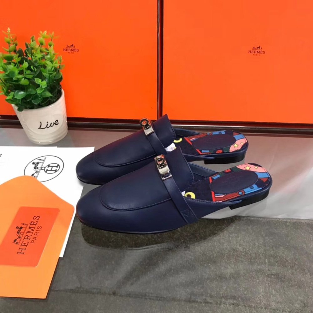 Cheap Reps Hermes Oz Mules In Dark Blue Calfskin