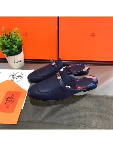 Cheap Reps Hermes Oz Mules In Dark Blue Calfskin
