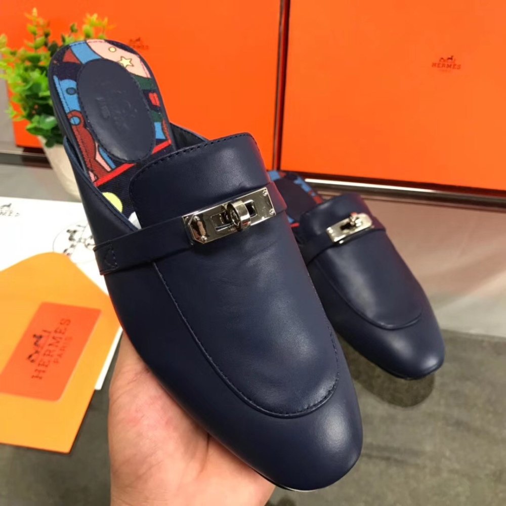Cheap Reps Hermes Oz Mules In Dark Blue Calfskin