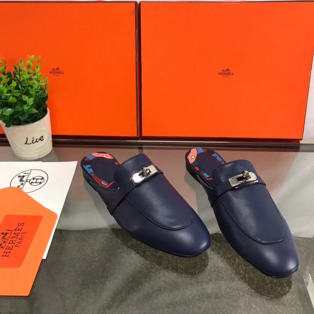 Cheap Reps Hermes Oz Mules In Dark Blue Calfskin