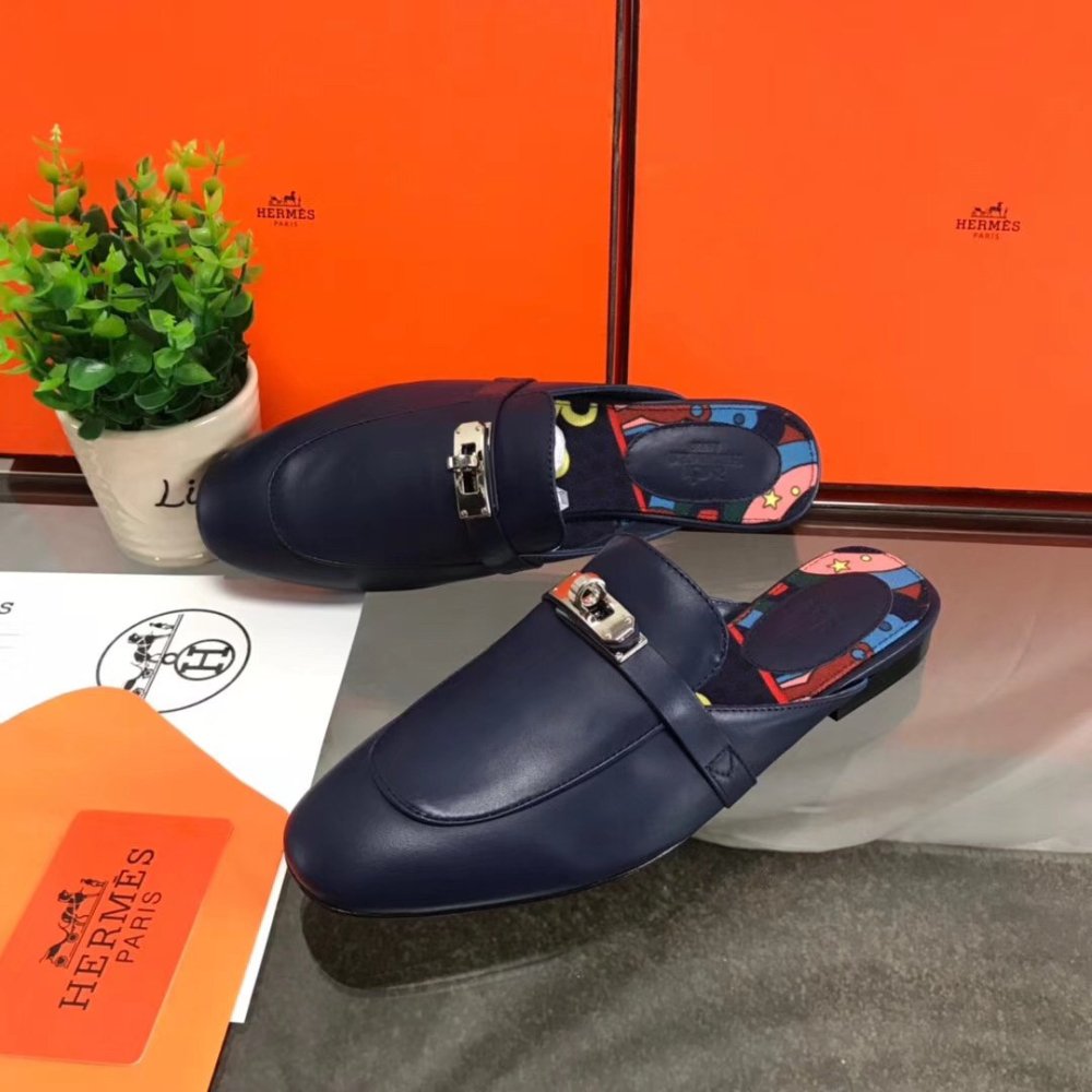 Cheap Reps Hermes Oz Mules In Dark Blue Calfskin
