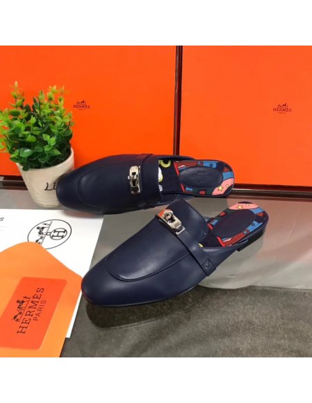 Cheap Reps Hermes Oz Mules In Dark Blue Calfskin