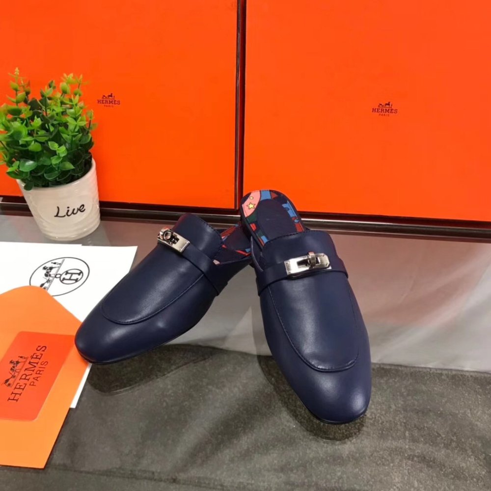 Cheap Reps Hermes Oz Mules In Dark Blue Calfskin