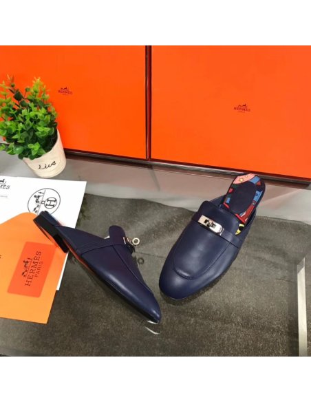 Cheap Reps Hermes Oz Mules In Dark Blue Calfskin