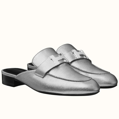 Cheap Reps Hermes Trocadero Mules In Silver Nappa Leather