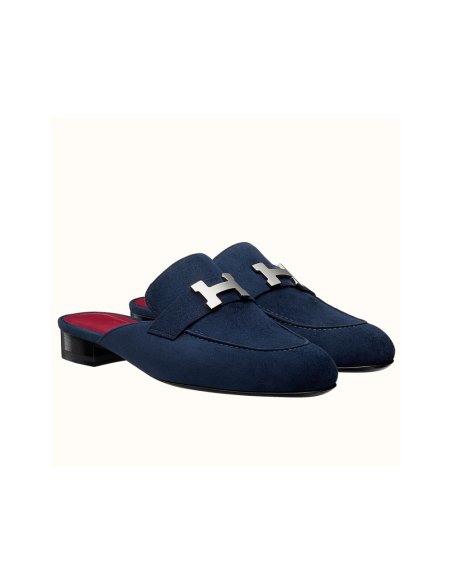 Cheap Reps Hermes Trocadero Mules In Blue Suede