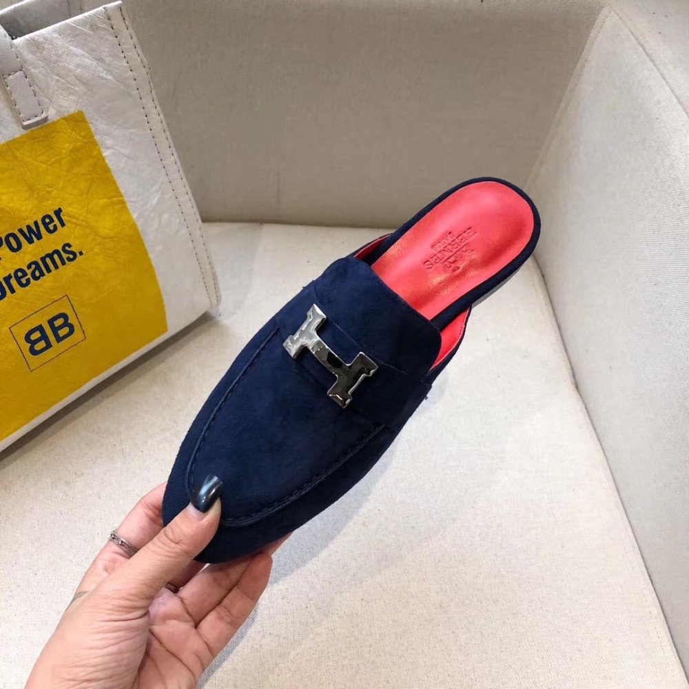 Cheap Reps Hermes Trocadero Mules In Blue Suede
