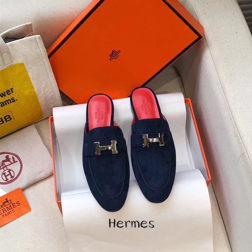 Cheap Reps Hermes Trocadero Mules In Blue Suede