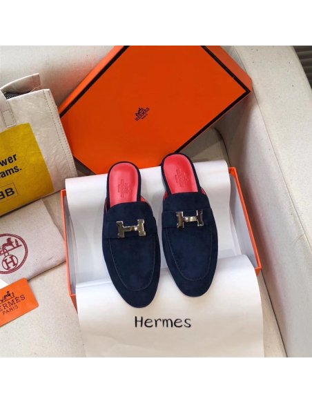 Cheap Reps Hermes Trocadero Mules In Blue Suede