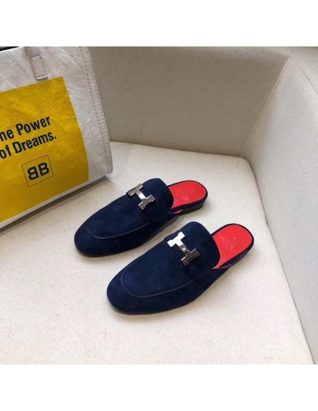 Cheap Reps Hermes Trocadero Mules In Blue Suede