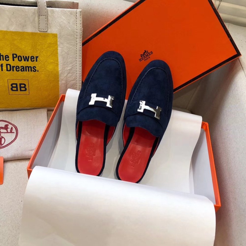 Cheap Reps Hermes Trocadero Mules In Blue Suede