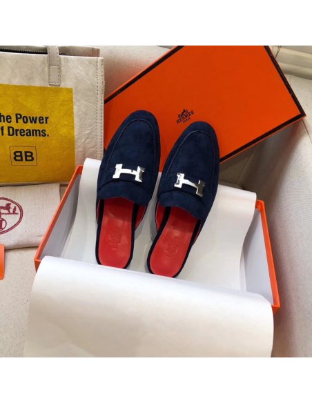 Cheap Reps Hermes Trocadero Mules In Blue Suede