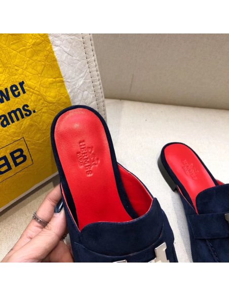 Cheap Reps Hermes Trocadero Mules In Blue Suede