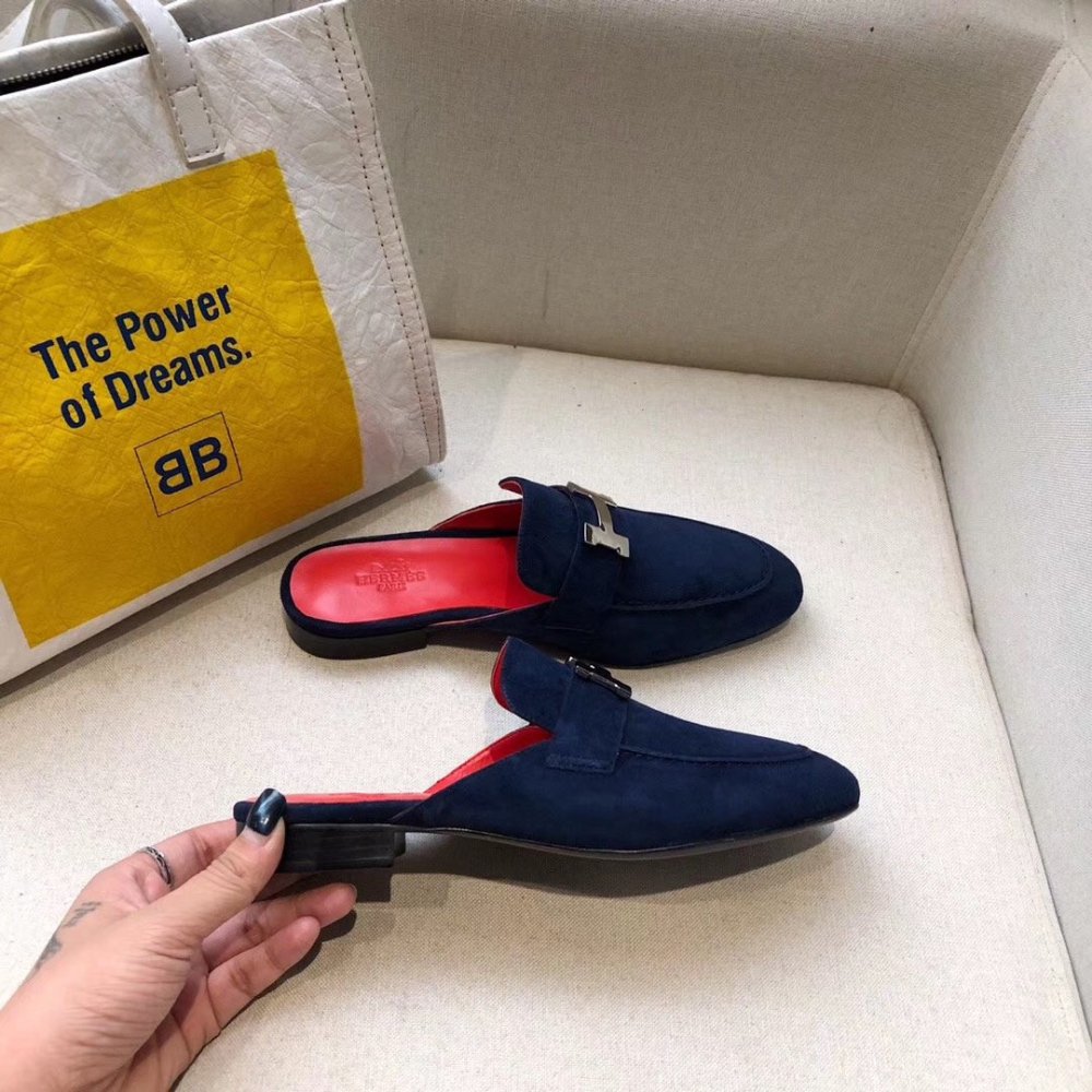 Cheap Reps Hermes Trocadero Mules In Blue Suede
