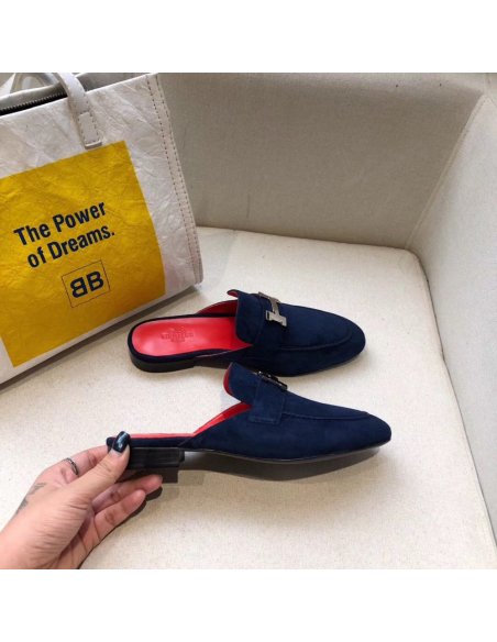 Cheap Reps Hermes Trocadero Mules In Blue Suede