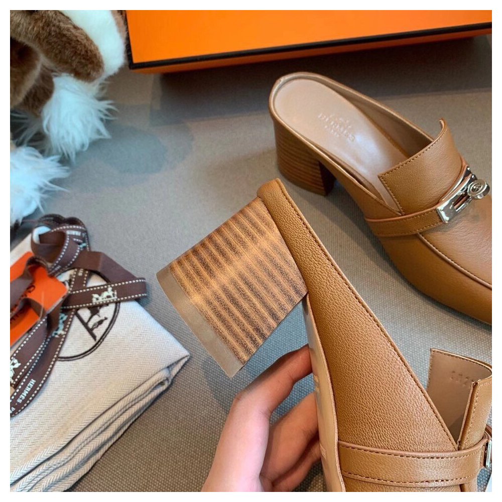 Cheap Reps Hermes Blossom Mules 60mm In Brown Goatskin