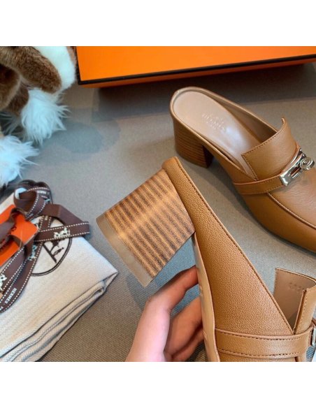 Cheap Reps Hermes Blossom Mules 60mm In Brown Goatskin