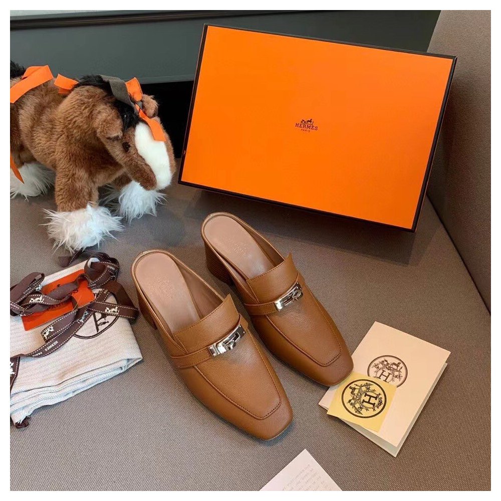 Cheap Reps Hermes Blossom Mules 60mm In Brown Goatskin
