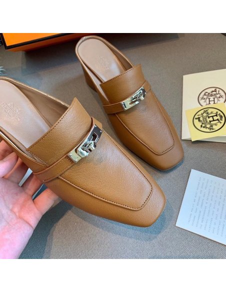 Cheap Reps Hermes Blossom Mules 60mm In Brown Goatskin