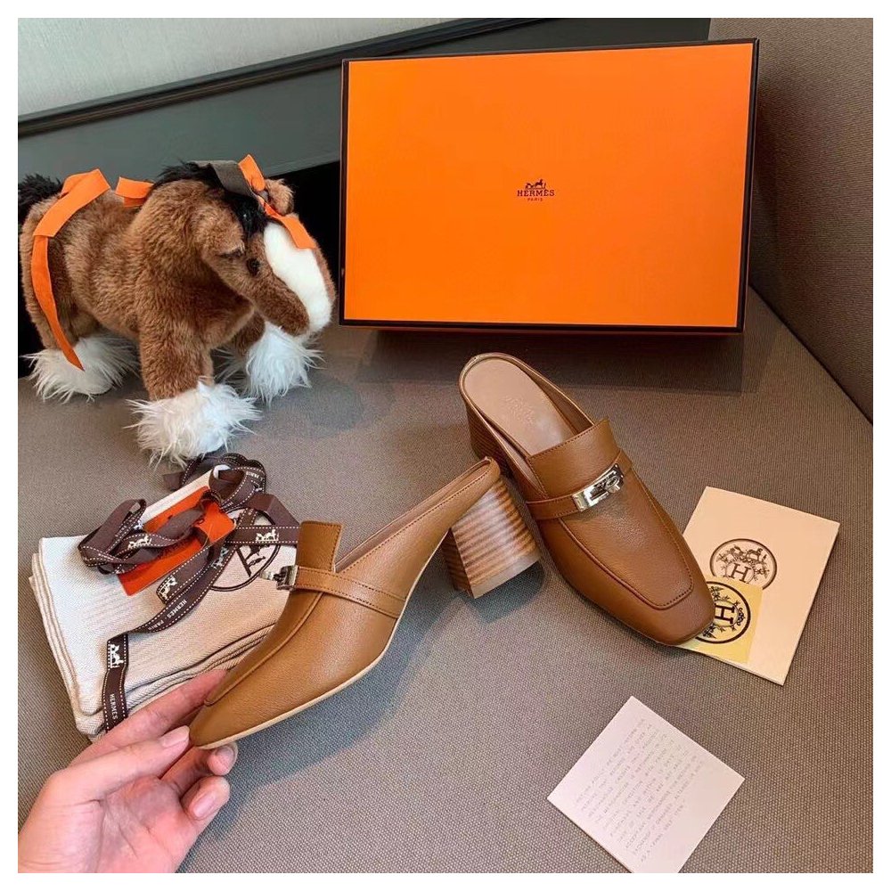 Cheap Reps Hermes Blossom Mules 60mm In Brown Goatskin