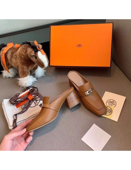 Cheap Reps Hermes Blossom Mules 60mm In Brown Goatskin