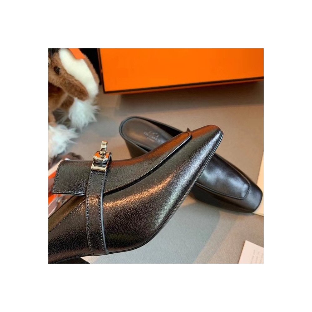 Cheap Reps Hermes Blossom Mules 60mm In Black Goatskin