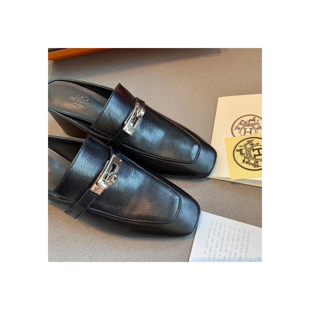 Cheap Reps Hermes Blossom Mules 60mm In Black Goatskin