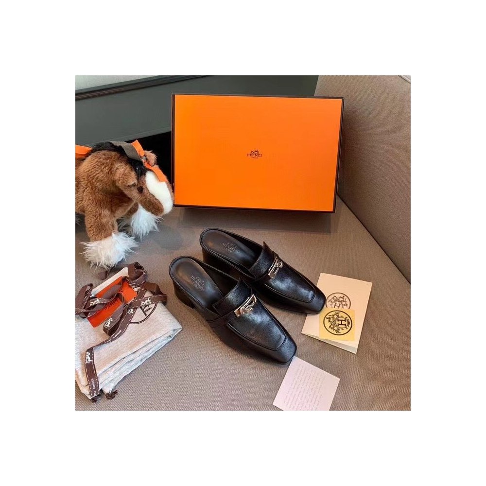 Cheap Reps Hermes Blossom Mules 60mm In Black Goatskin