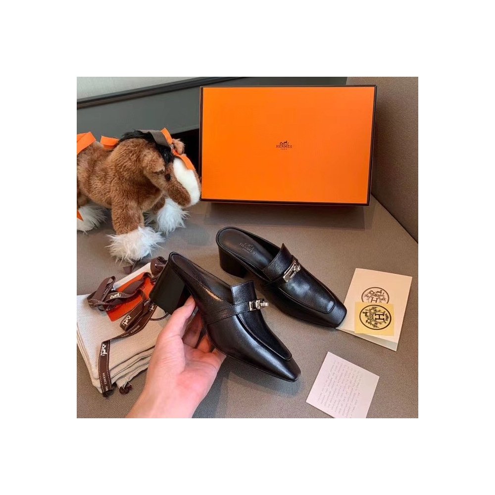 Cheap Reps Hermes Blossom Mules 60mm In Black Goatskin