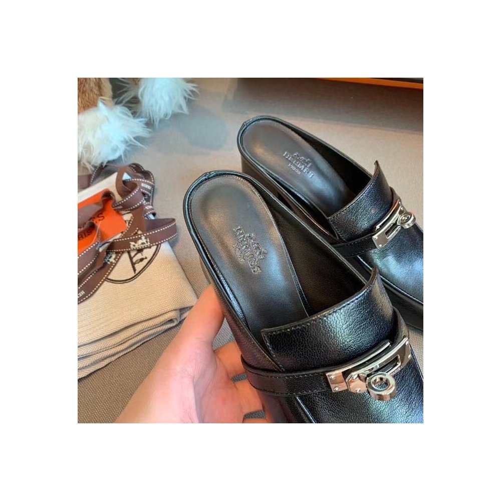 Cheap Reps Hermes Blossom Mules 60mm In Black Goatskin