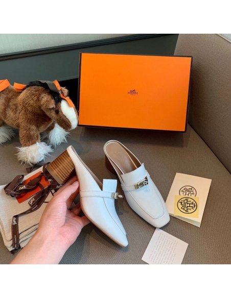 Cheap Reps Hermes Blossom Mules 60mm In White Goatskin