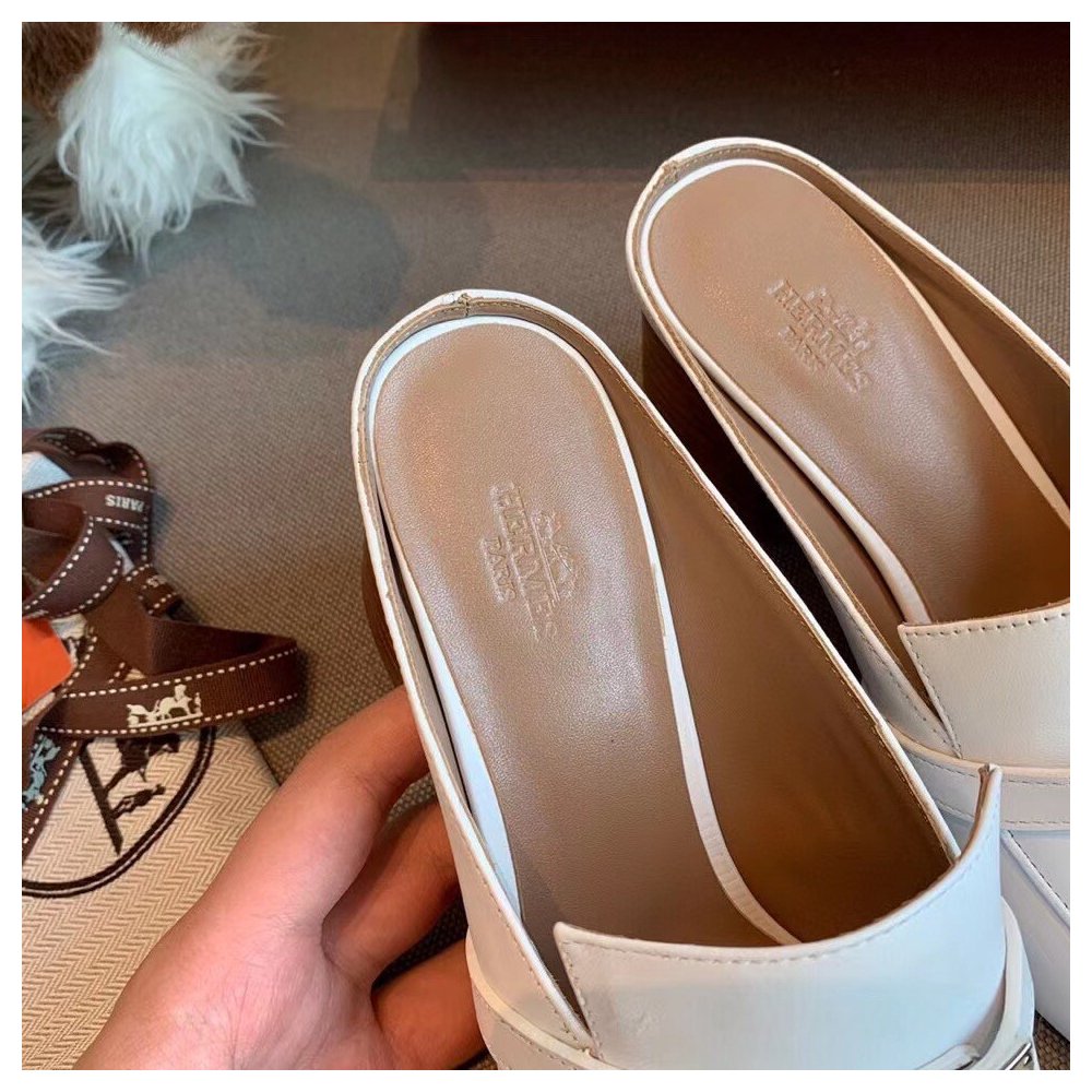 Cheap Reps Hermes Blossom Mules 60mm In White Goatskin