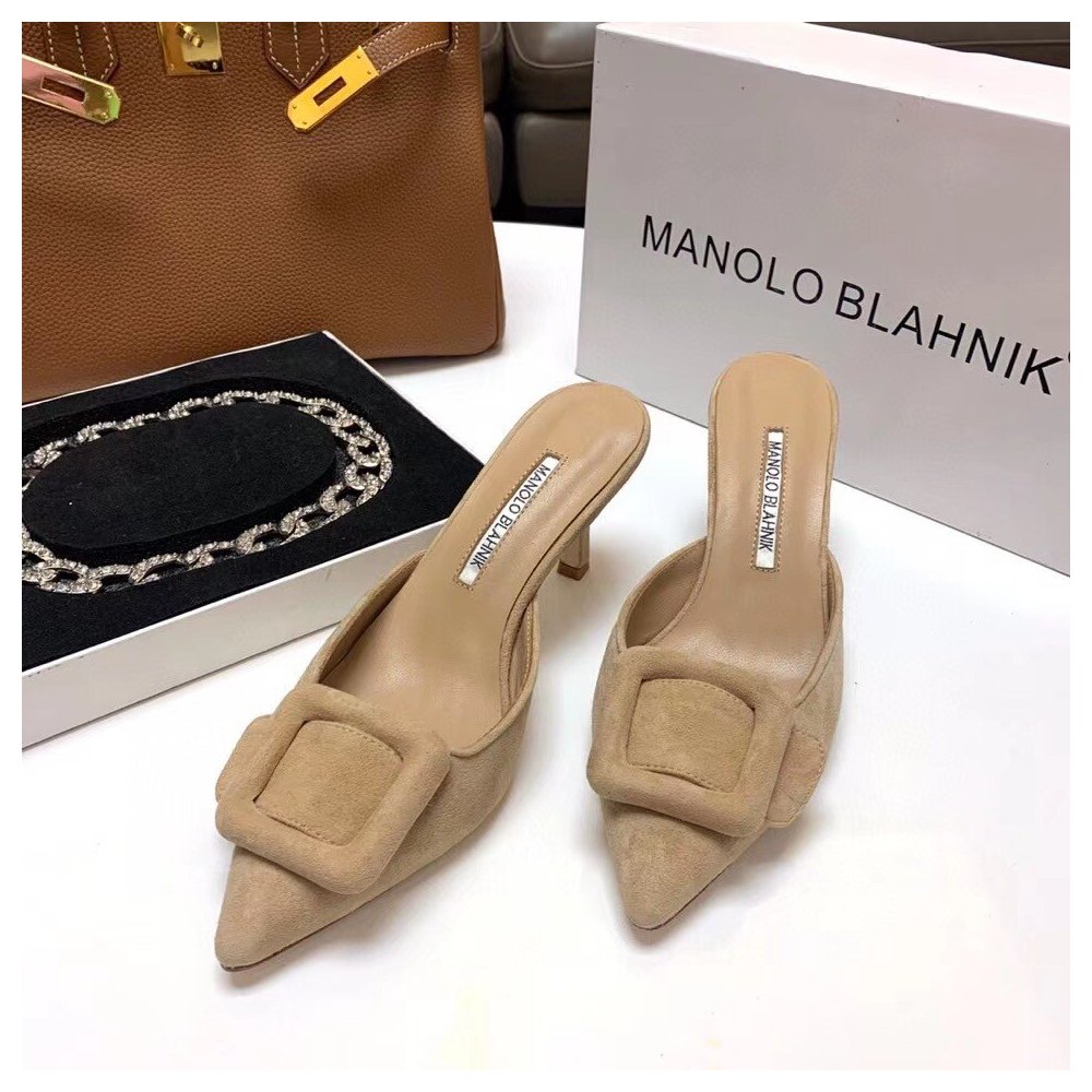 Cheap Reps Manolo Blahnik Maysale Kitten Heel 50mm Mules In Beige Suede
