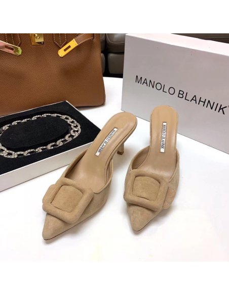 Cheap Reps Manolo Blahnik Maysale Kitten Heel 50mm Mules In Beige Suede