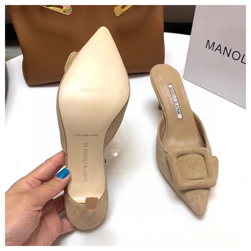 Cheap Reps Manolo Blahnik Maysale Kitten Heel 50mm Mules In Beige Suede