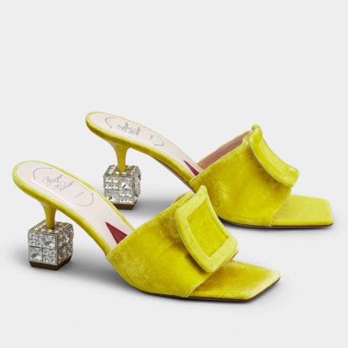 Cheap Reps Roger Vivier Cube Strass Heel Mules in Yellow Velvet