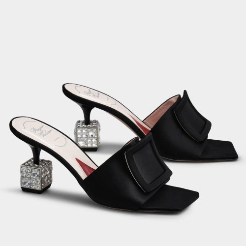 Cheap Reps Roger Vivier Cube Strass Heel Mules in Black Satin