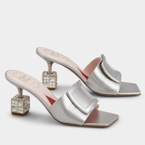 Cheap Reps Roger Vivier Cube Strass Heel Mules in Silver Metallic Leather