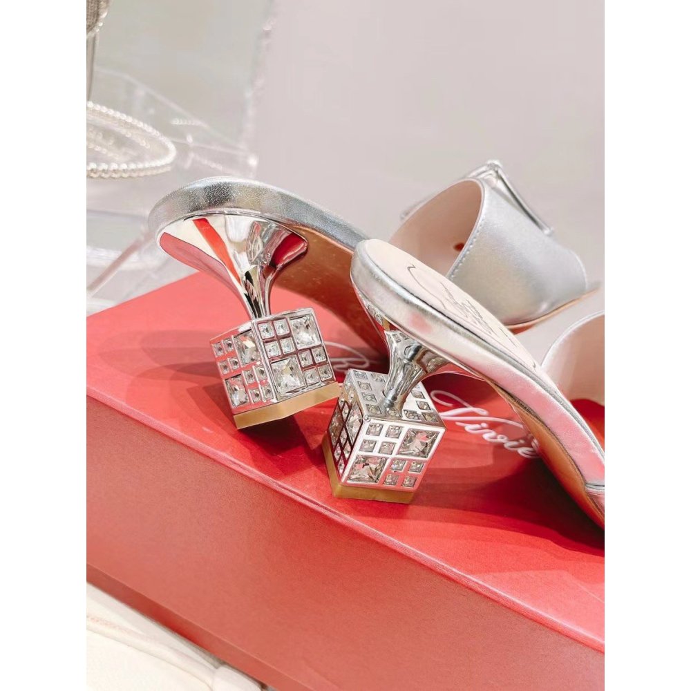 Cheap Reps Roger Vivier Cube Strass Heel Mules in Silver Metallic Leather